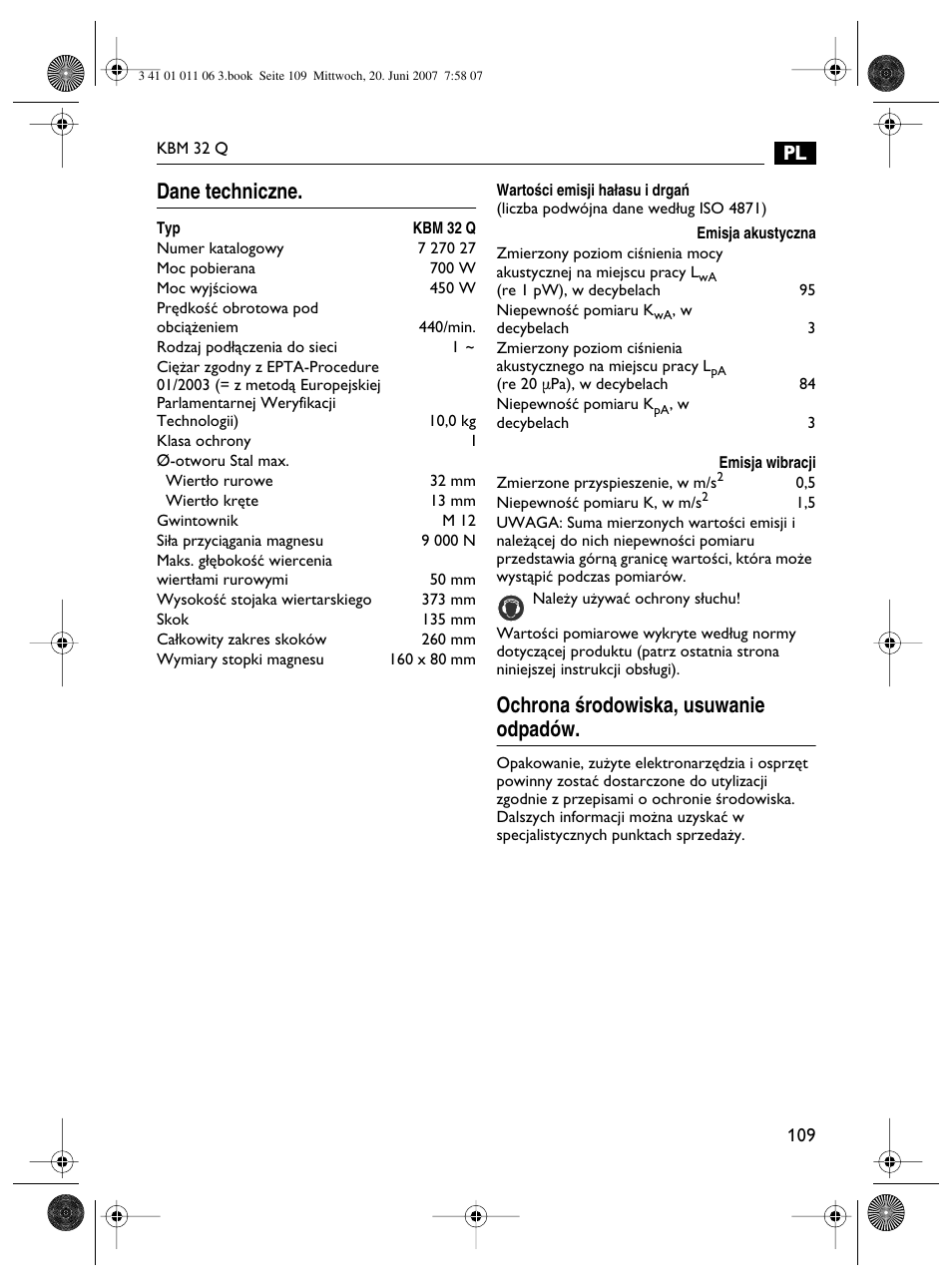 Dane techniczne, Ochrona êrodowiska, usuwanie odpadów | Fein KBM32Q User Manual | Page 109 / 121