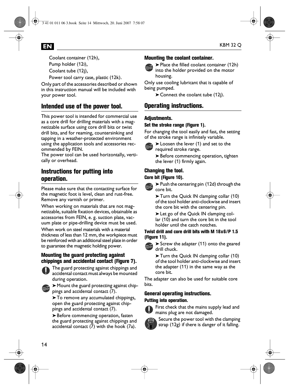 Intended use of the power tool, Instructions for putting into operation, Operating instructions | Fein KBM32Q User Manual | Page 14 / 121