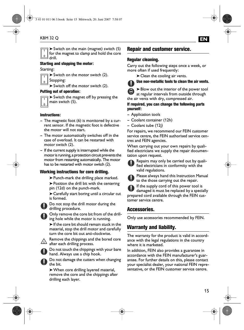 Repair and customer service, Accessories, Warranty and liability | Fein KBM32Q User Manual | Page 15 / 121