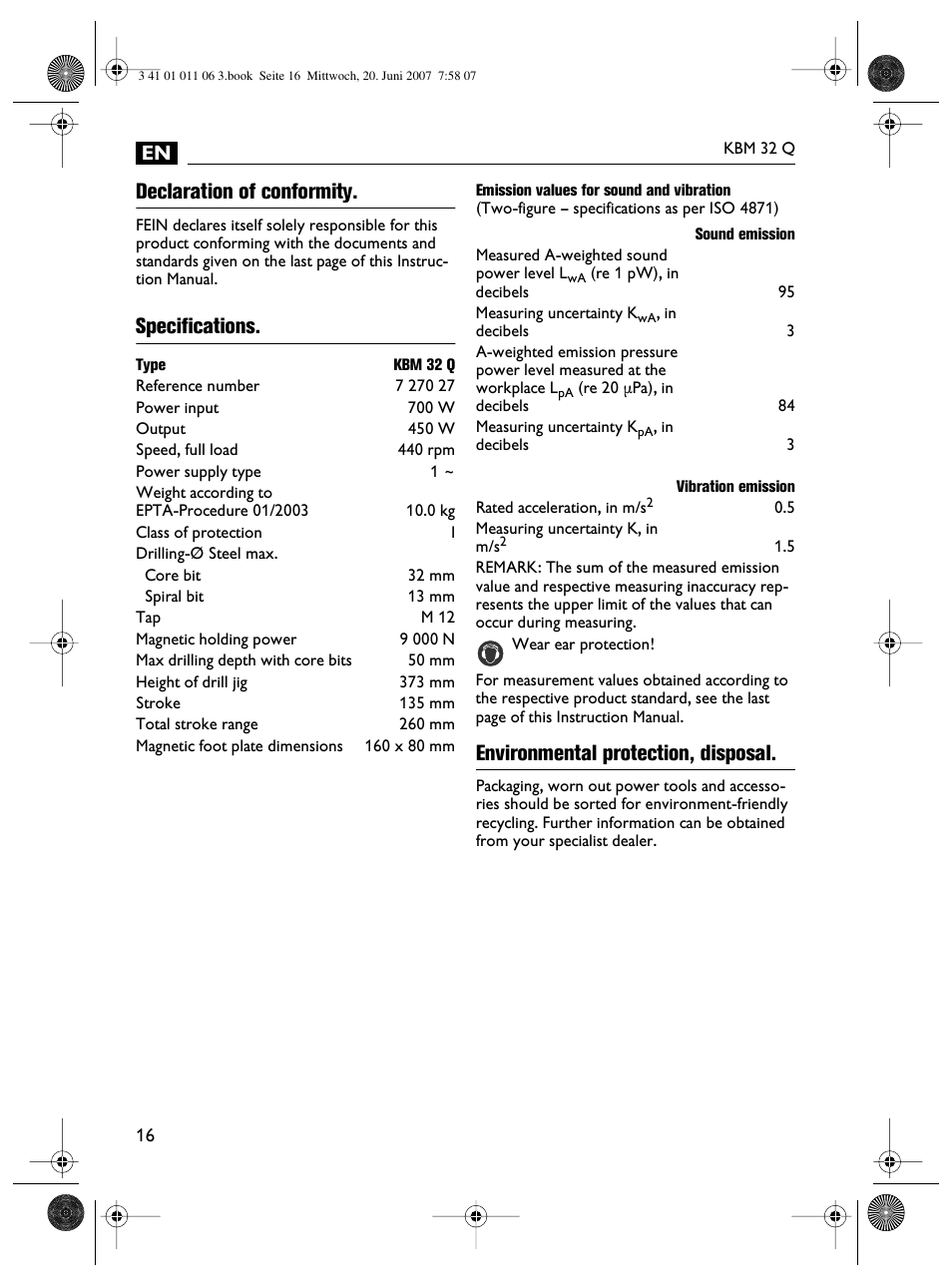 Declaration of conformity, Specifications, Environmental protection, disposal | Fein KBM32Q User Manual | Page 16 / 121