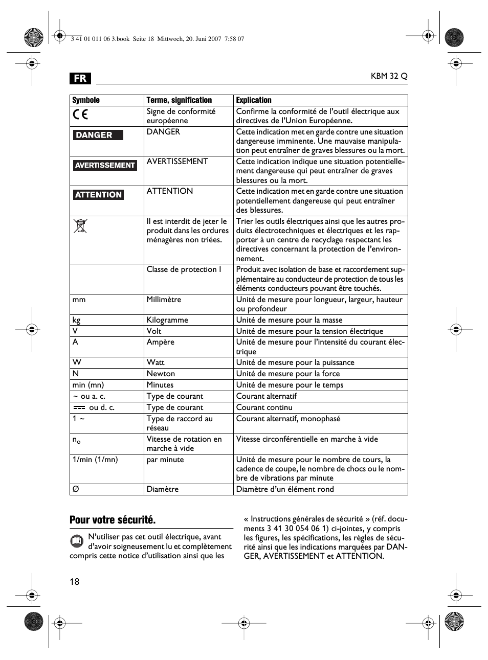 Pour votre sécurité | Fein KBM32Q User Manual | Page 18 / 121