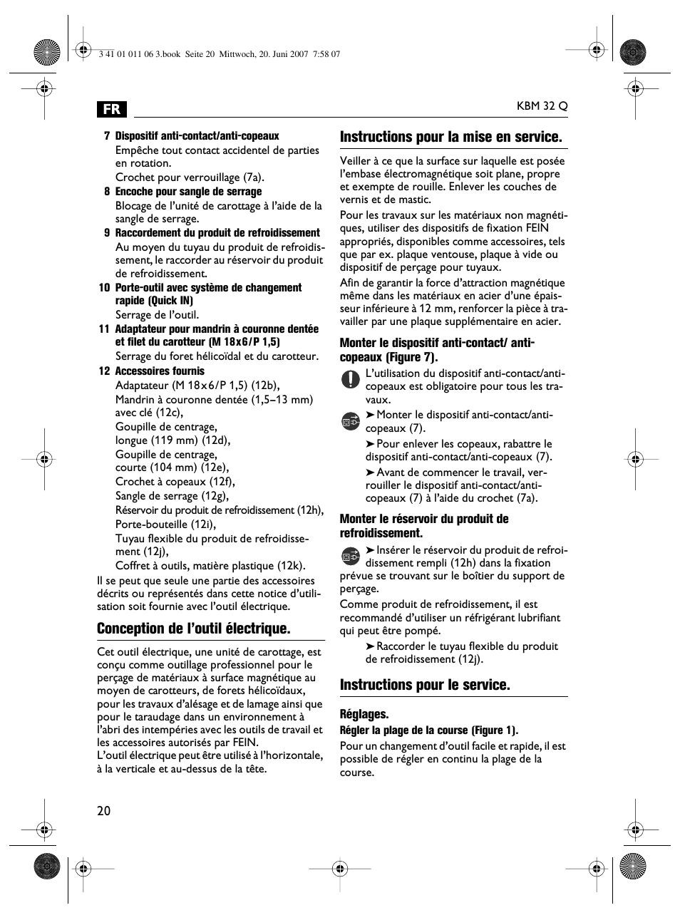 Conception de l’outil électrique, Instructions pour la mise en service, Instructions pour le service | Fein KBM32Q User Manual | Page 20 / 121