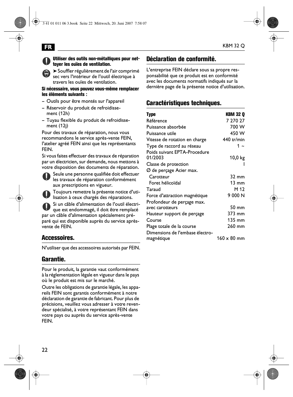 Accessoires, Garantie, Déclaration de conformité | Caractéristiques techniques | Fein KBM32Q User Manual | Page 22 / 121