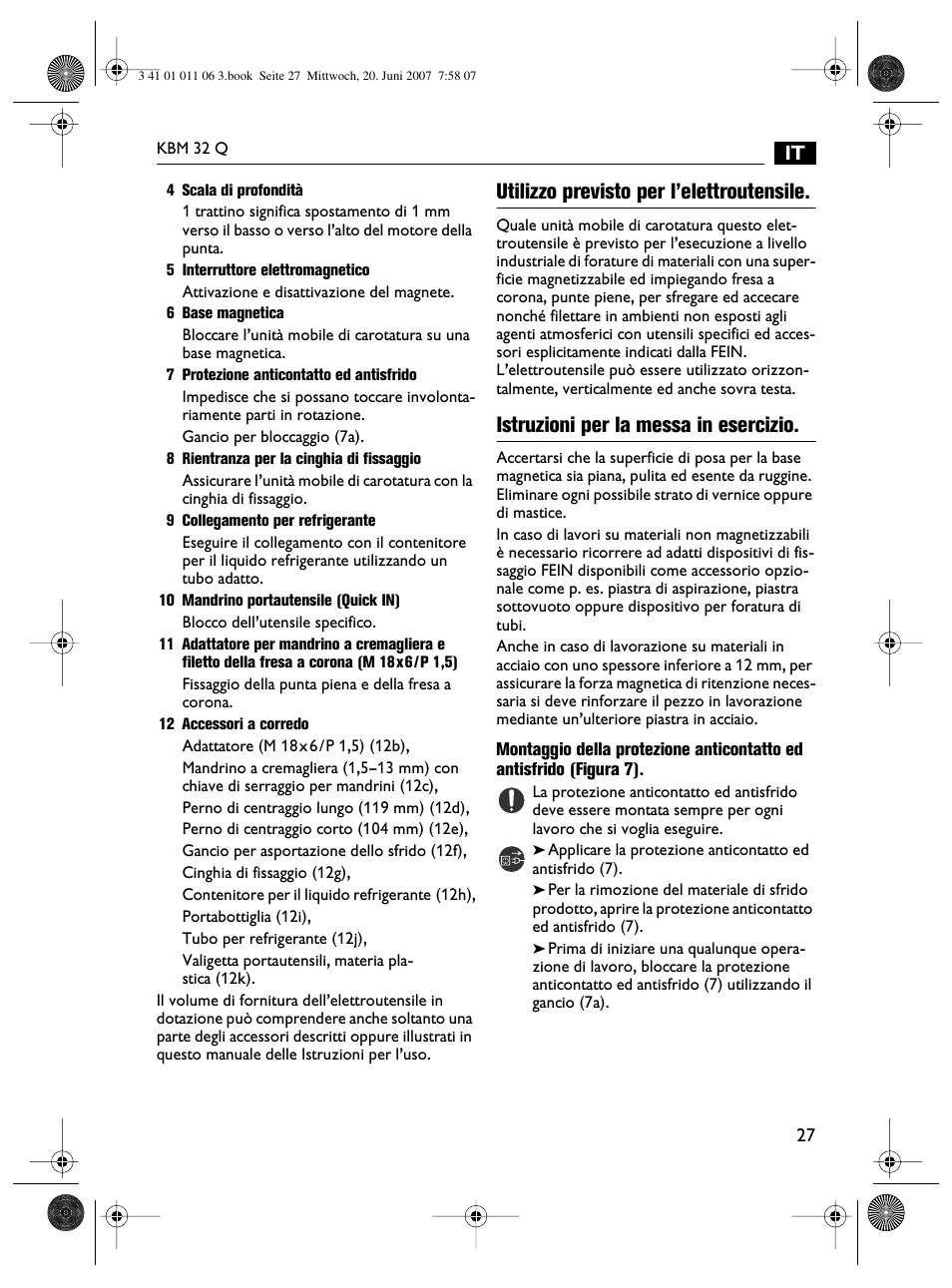 Utilizzo previsto per l’elettroutensile, Istruzioni per la messa in esercizio | Fein KBM32Q User Manual | Page 27 / 121
