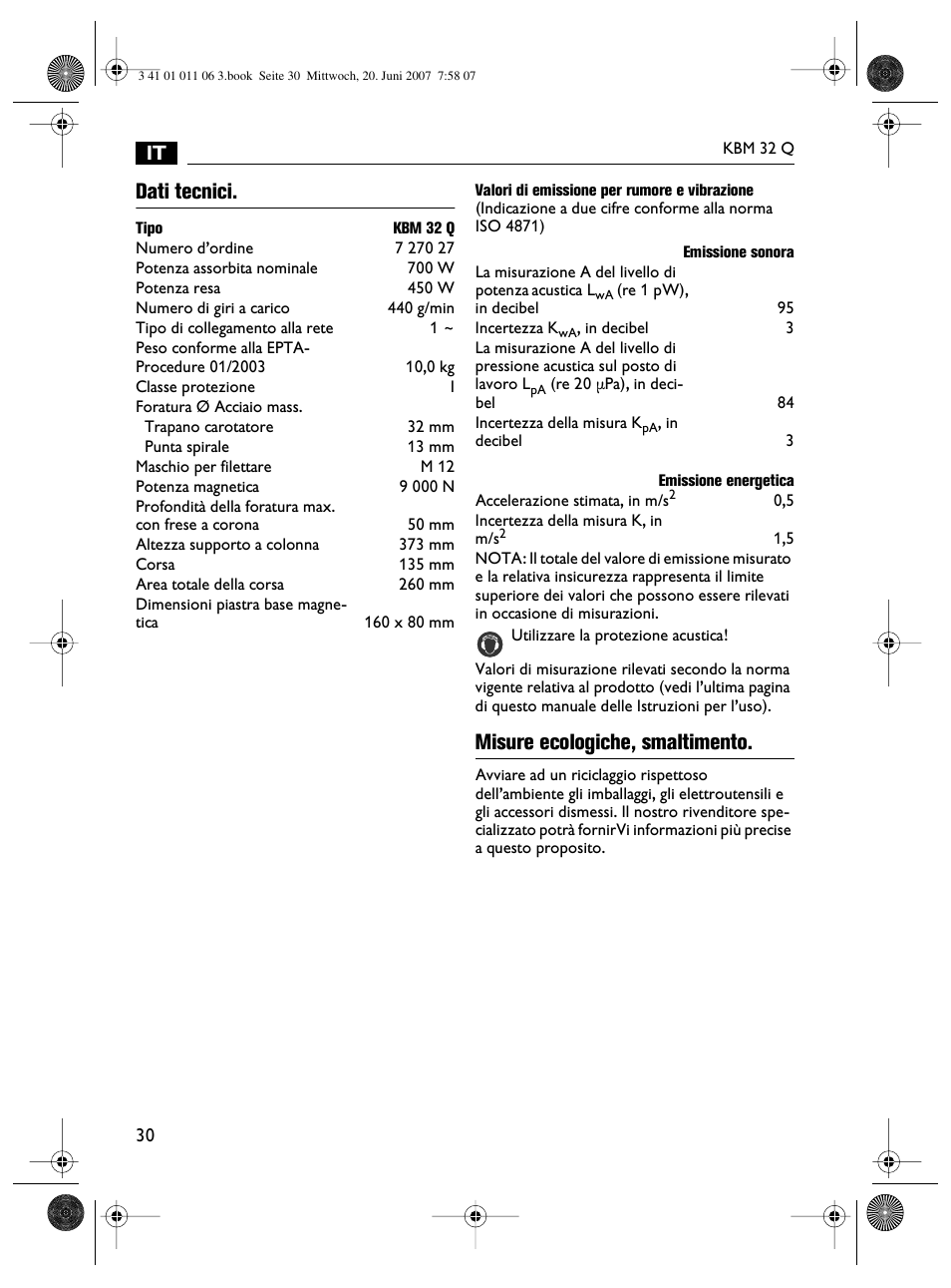 Dati tecnici, Misure ecologiche, smaltimento | Fein KBM32Q User Manual | Page 30 / 121