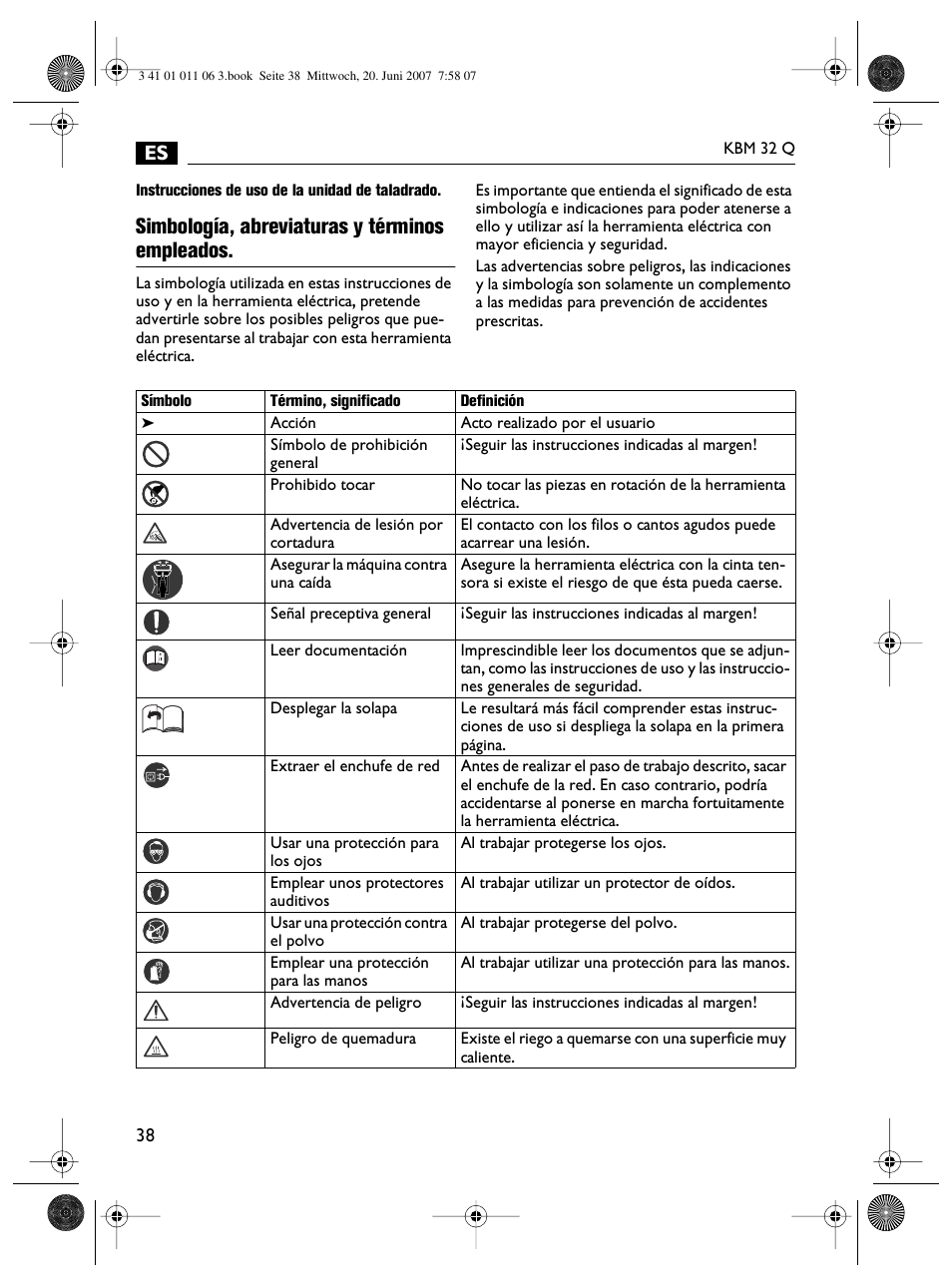 Simbología, abreviaturas y términos empleados | Fein KBM32Q User Manual | Page 38 / 121