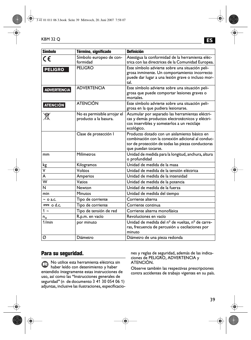 Para su seguridad | Fein KBM32Q User Manual | Page 39 / 121