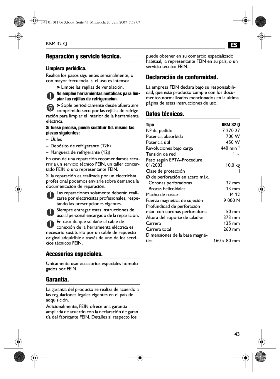 Reparación y servicio técnico, Accesorios especiales, Garantía | Declaración de conformidad, Datos técnicos | Fein KBM32Q User Manual | Page 43 / 121