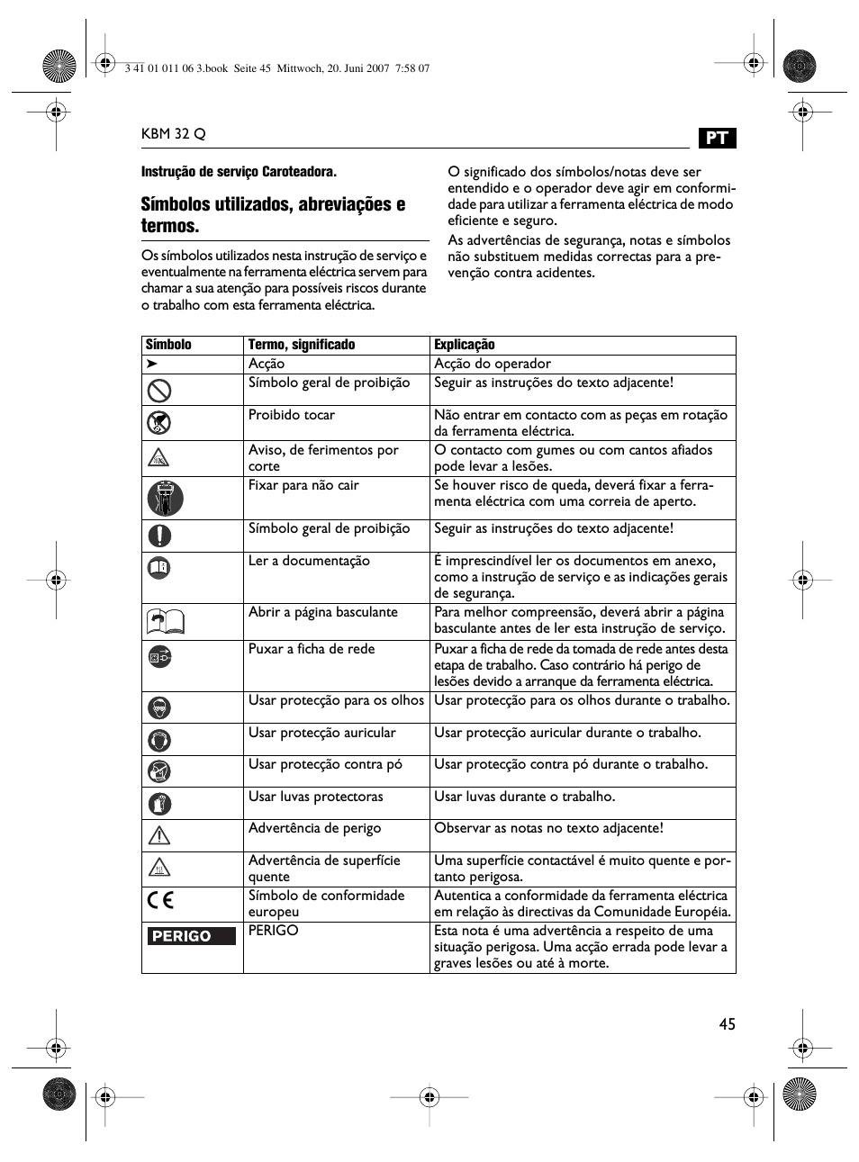 Símbolos utilizados, abreviações e termos | Fein KBM32Q User Manual | Page 45 / 121