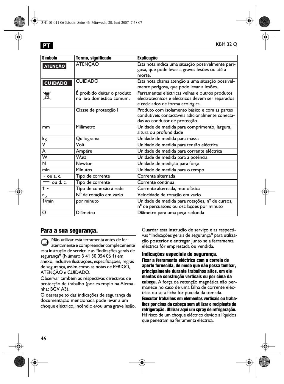 Para a sua segurança | Fein KBM32Q User Manual | Page 46 / 121