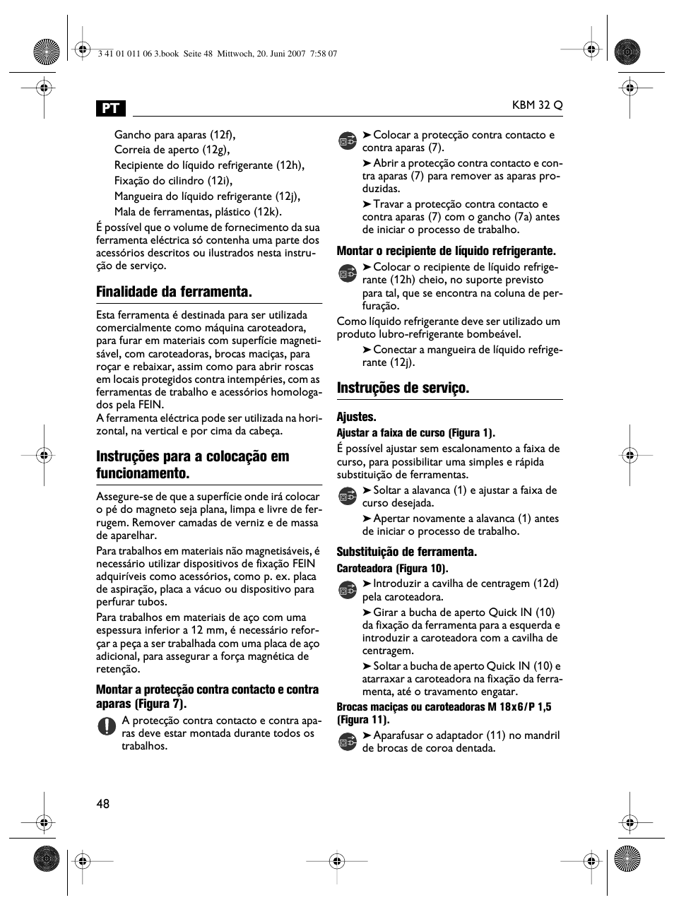 Finalidade da ferramenta, Instruções para a colocação em funcionamento, Instruções de serviço | Fein KBM32Q User Manual | Page 48 / 121