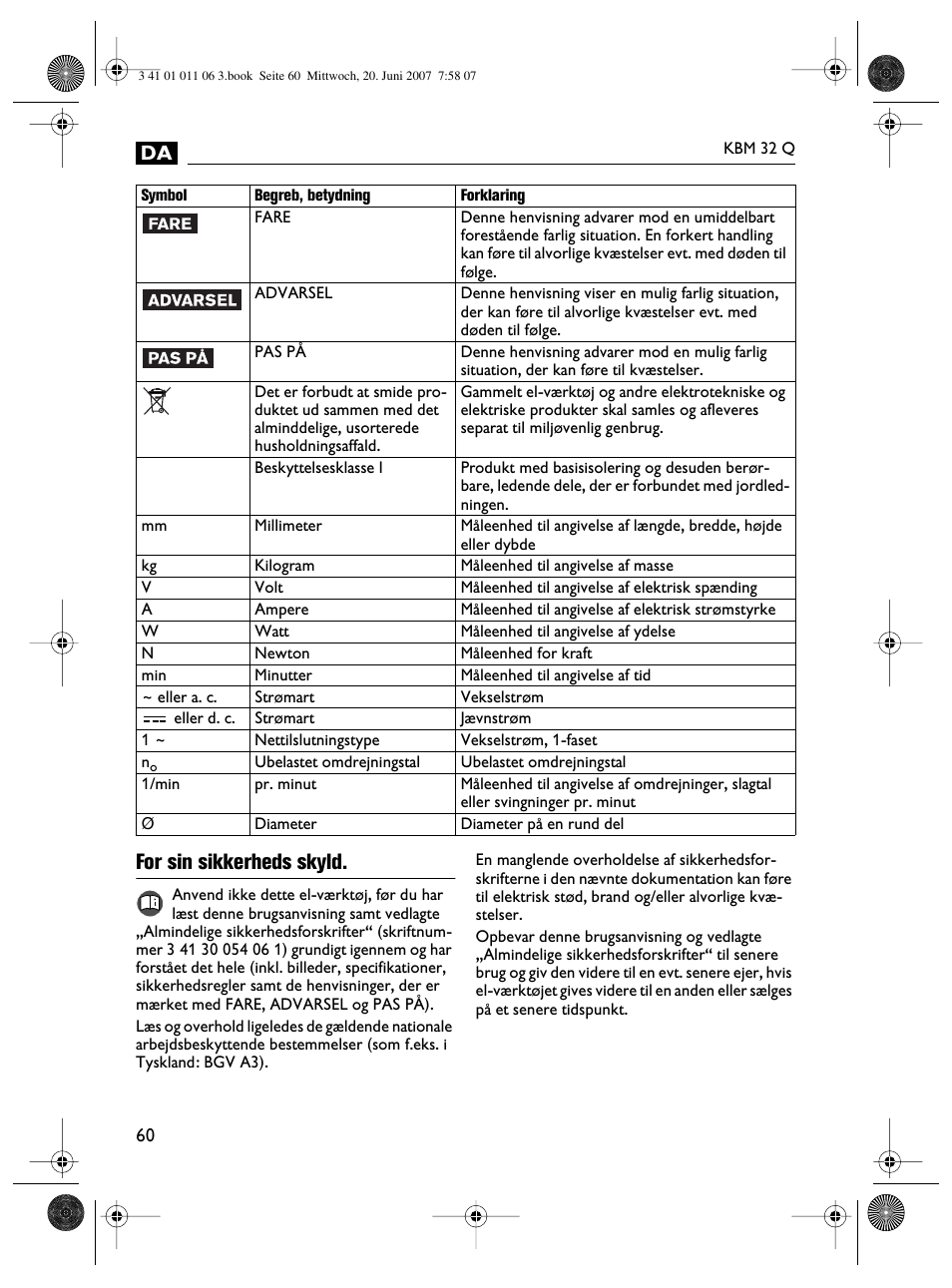 For sin sikkerheds skyld | Fein KBM32Q User Manual | Page 60 / 121