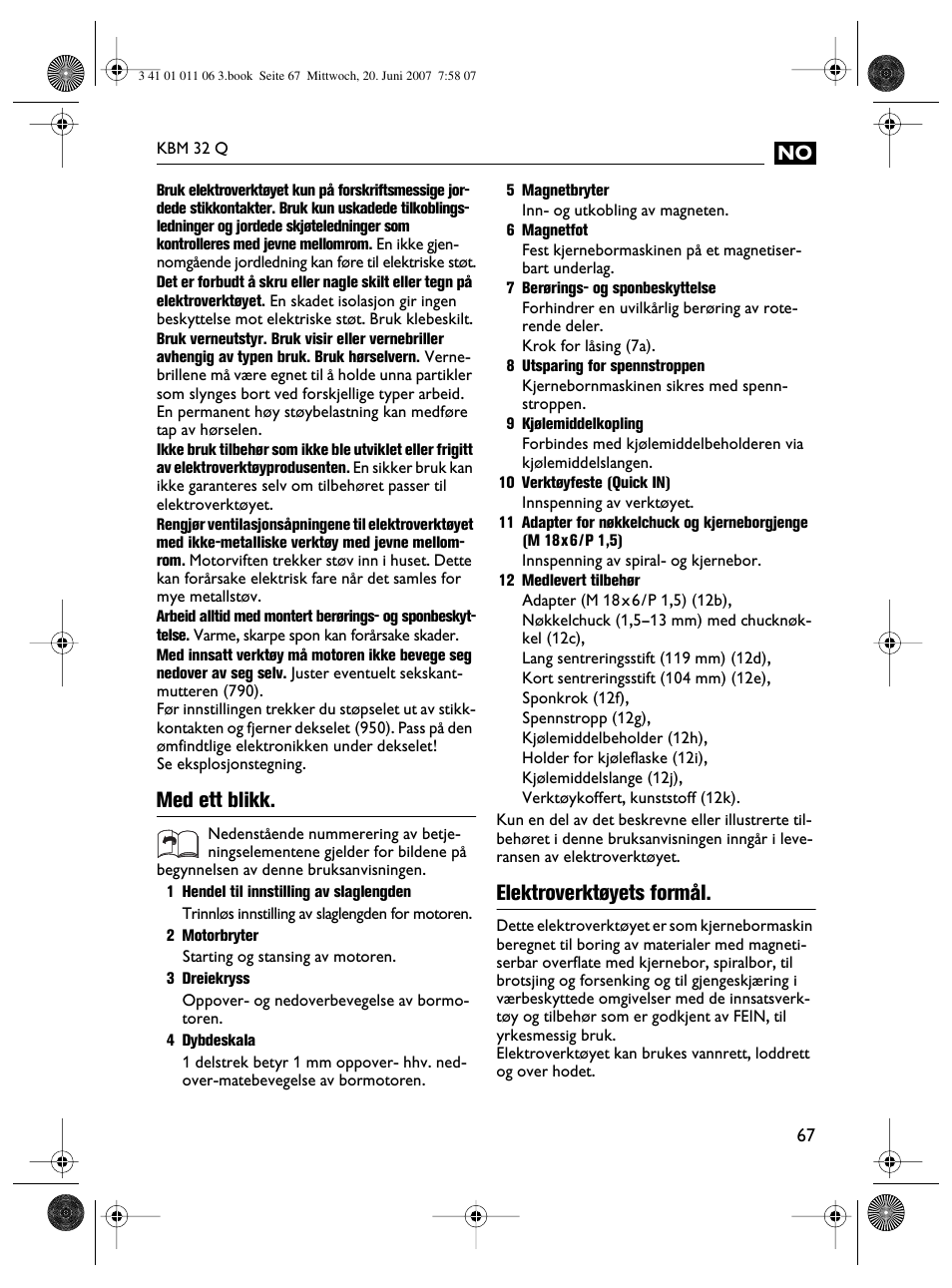 Med ett blikk, Elektroverktøyets formål | Fein KBM32Q User Manual | Page 67 / 121
