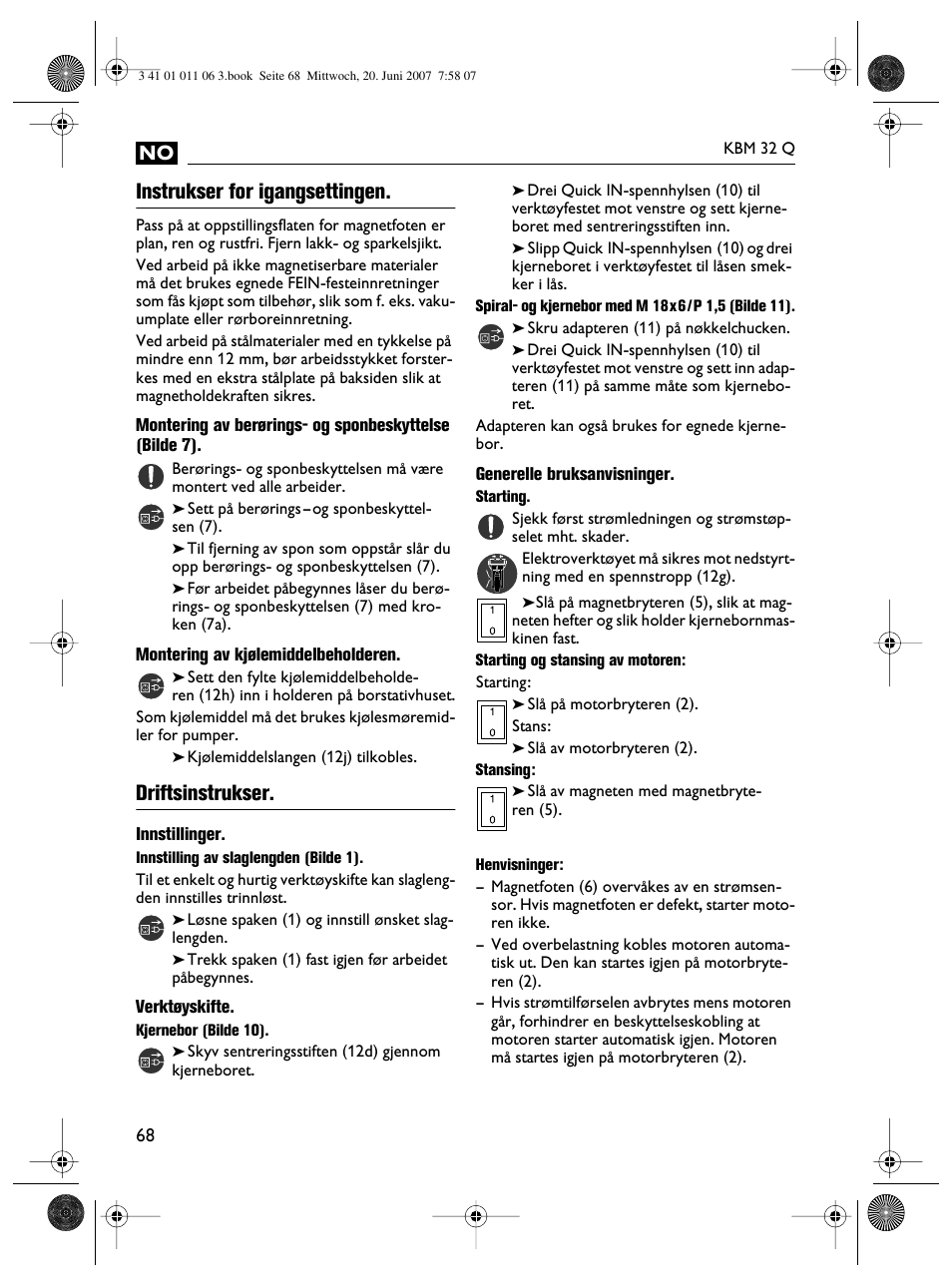 Instrukser for igangsettingen, Driftsinstrukser | Fein KBM32Q User Manual | Page 68 / 121