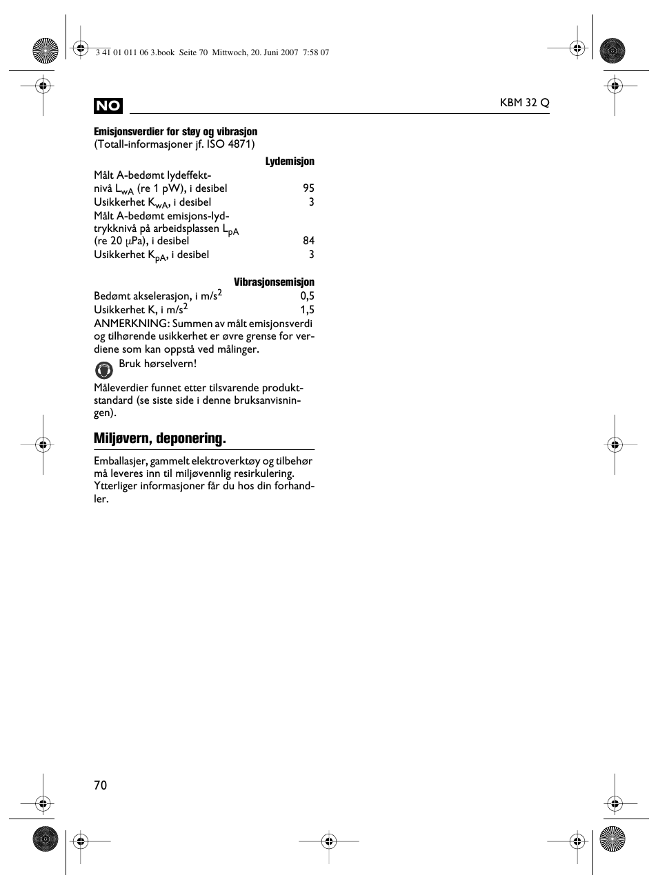 Miljøvern, deponering | Fein KBM32Q User Manual | Page 70 / 121