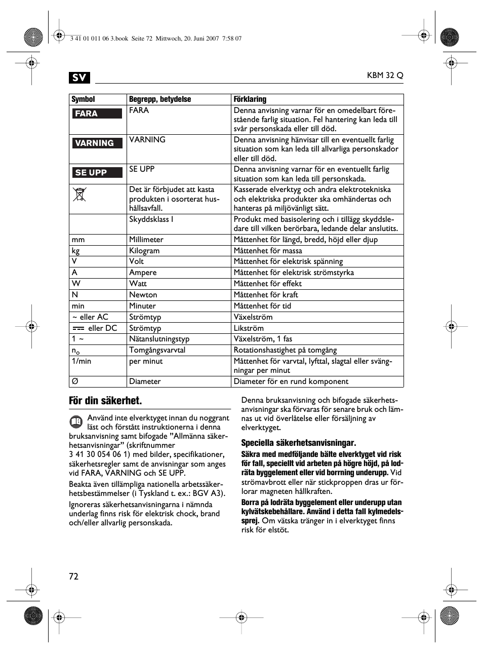 För din säkerhet | Fein KBM32Q User Manual | Page 72 / 121