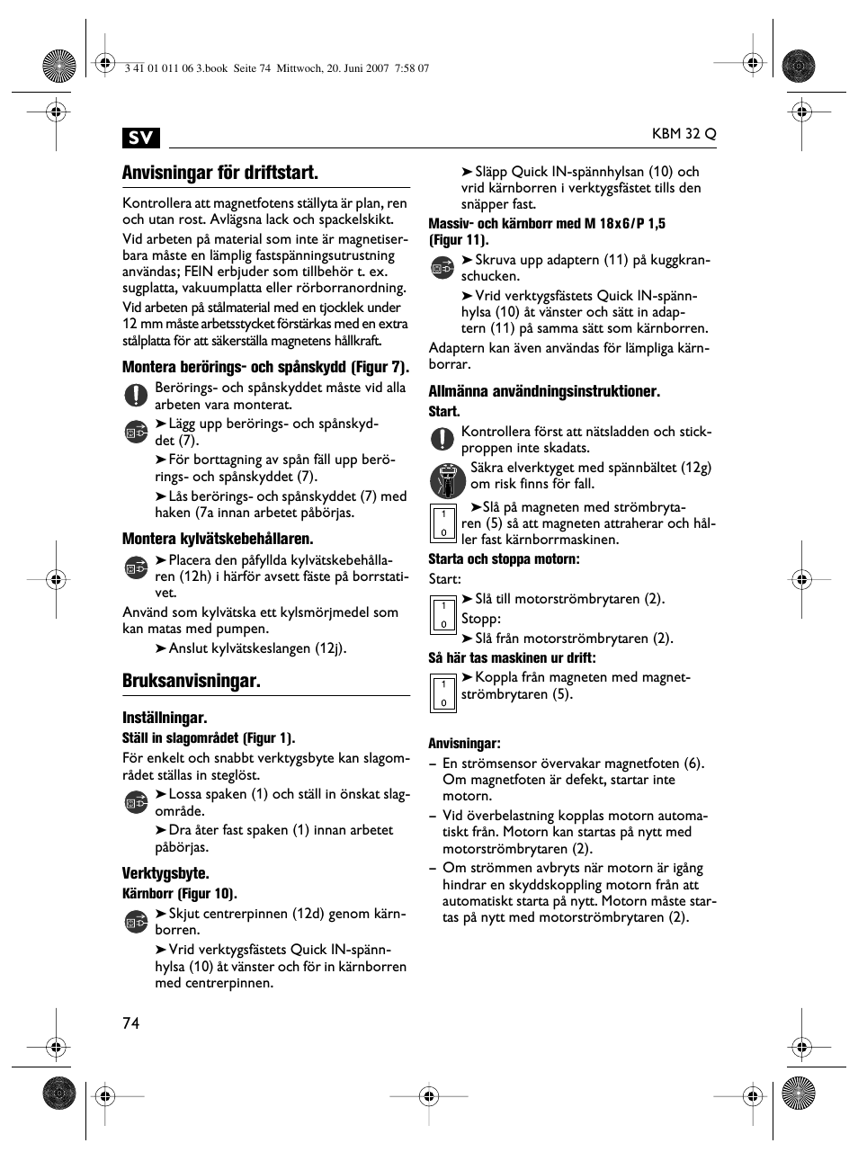 Anvisningar för driftstart, Bruksanvisningar | Fein KBM32Q User Manual | Page 74 / 121