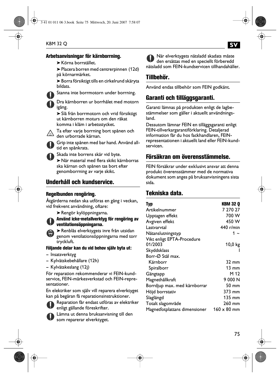 Underhåll och kundservice, Tillbehör, Garanti och tilläggsgaranti | Försäkran om överensstämmelse, Tekniska data | Fein KBM32Q User Manual | Page 75 / 121