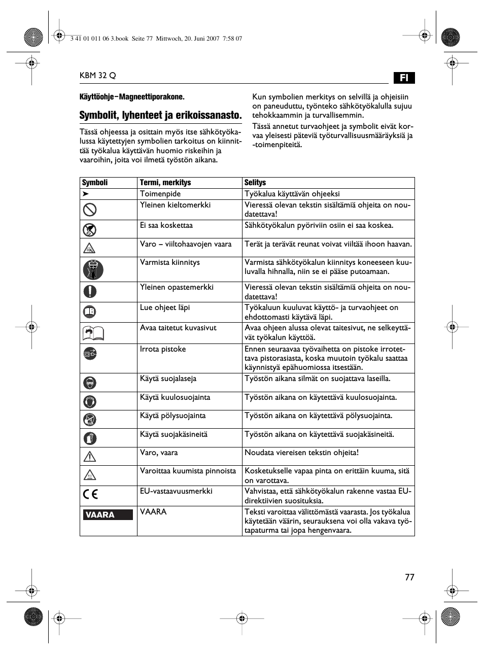 Symbolit, lyhenteet ja erikoissanasto | Fein KBM32Q User Manual | Page 77 / 121