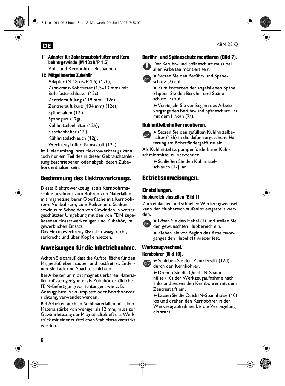 Bestimmung des elektrowerkzeugs, Anweisungen für die inbetriebnahme, Betriebsanweisungen | Fein KBM32Q User Manual | Page 8 / 121