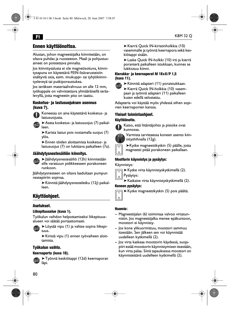 Ennen käyttöönottoa, Käyttöohjeet | Fein KBM32Q User Manual | Page 80 / 121