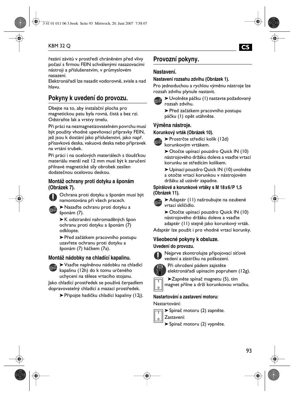 Pokyny k uvedení do provozu, Provozní pokyny | Fein KBM32Q User Manual | Page 93 / 121