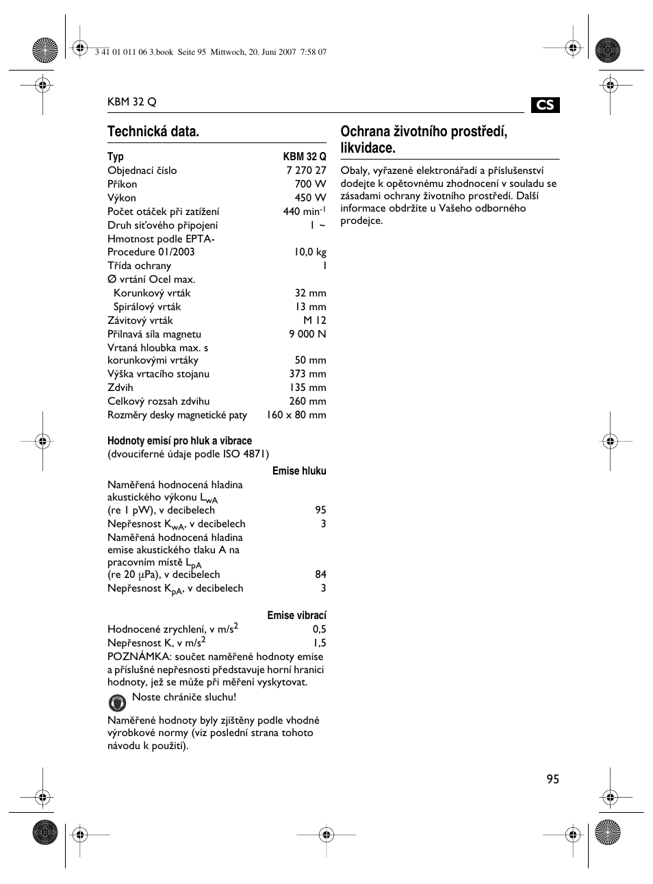 Technická data, Ochrana ïivotního prostﬁedí, likvidace | Fein KBM32Q User Manual | Page 95 / 121