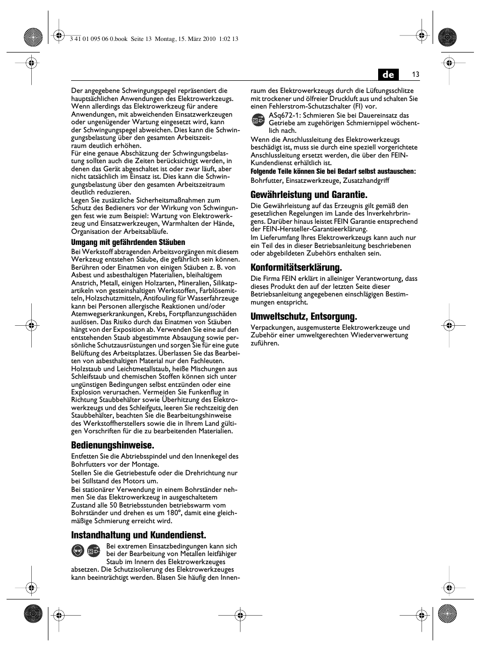 Bedienungshinweise, Instandhaltung und kundendienst, Gewährleistung und garantie | Konformitätserklärung, Umweltschutz, entsorgung | Fein ASq 672-1 User Manual | Page 13 / 64