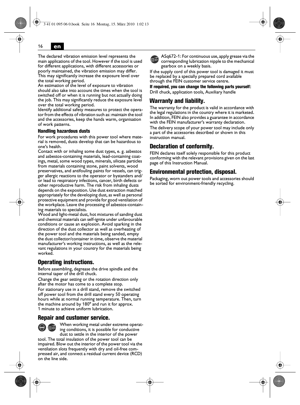 Operating instructions, Repair and customer service, Warranty and liability | Declaration of conformity, Environmental protection, disposal | Fein ASq 672-1 User Manual | Page 16 / 64