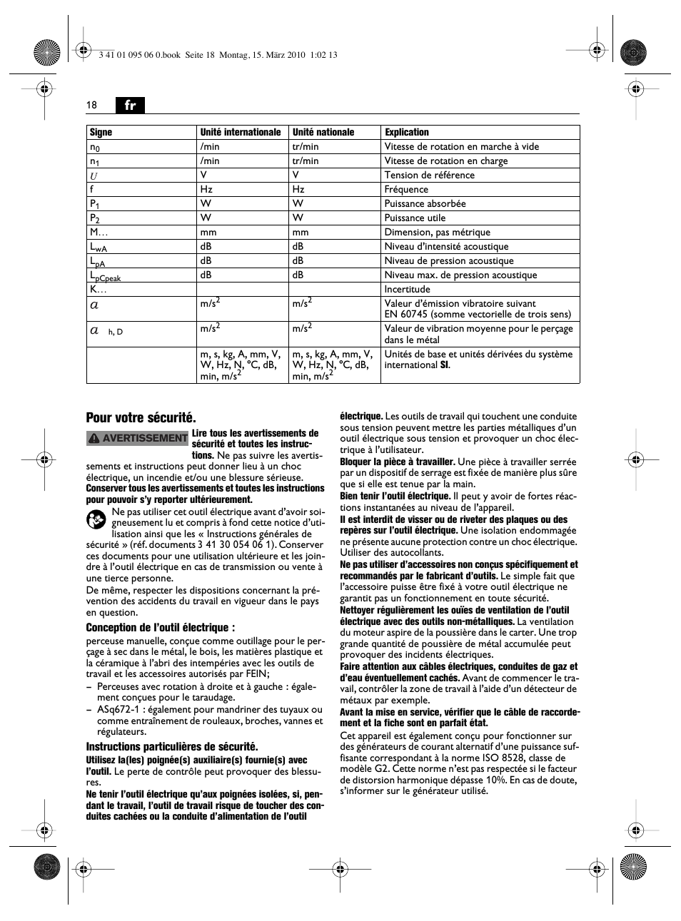 Fr pour votre sécurité | Fein ASq 672-1 User Manual | Page 18 / 64