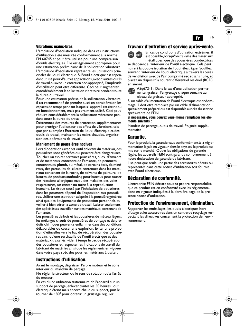 Instructions d’utilisation, Travaux d’entretien et service après-vente, Garantie | Déclaration de conformité, Protection de l’environnement, élimination | Fein ASq 672-1 User Manual | Page 19 / 64