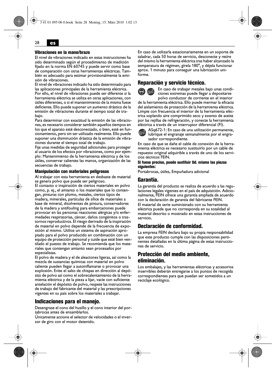 Indicaciones para el manejo, Reparación y servicio técnico, Garantía | Declaración de conformidad, Protección del medio ambiente, eliminación | Fein ASq 672-1 User Manual | Page 28 / 64