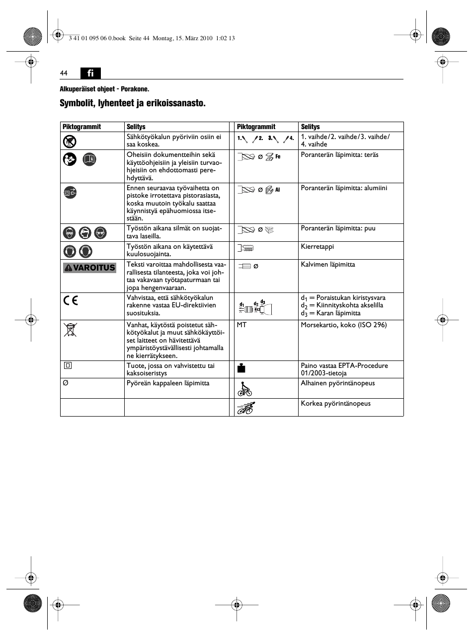 Symbolit, lyhenteet ja erikoissanasto | Fein ASq 672-1 User Manual | Page 44 / 64