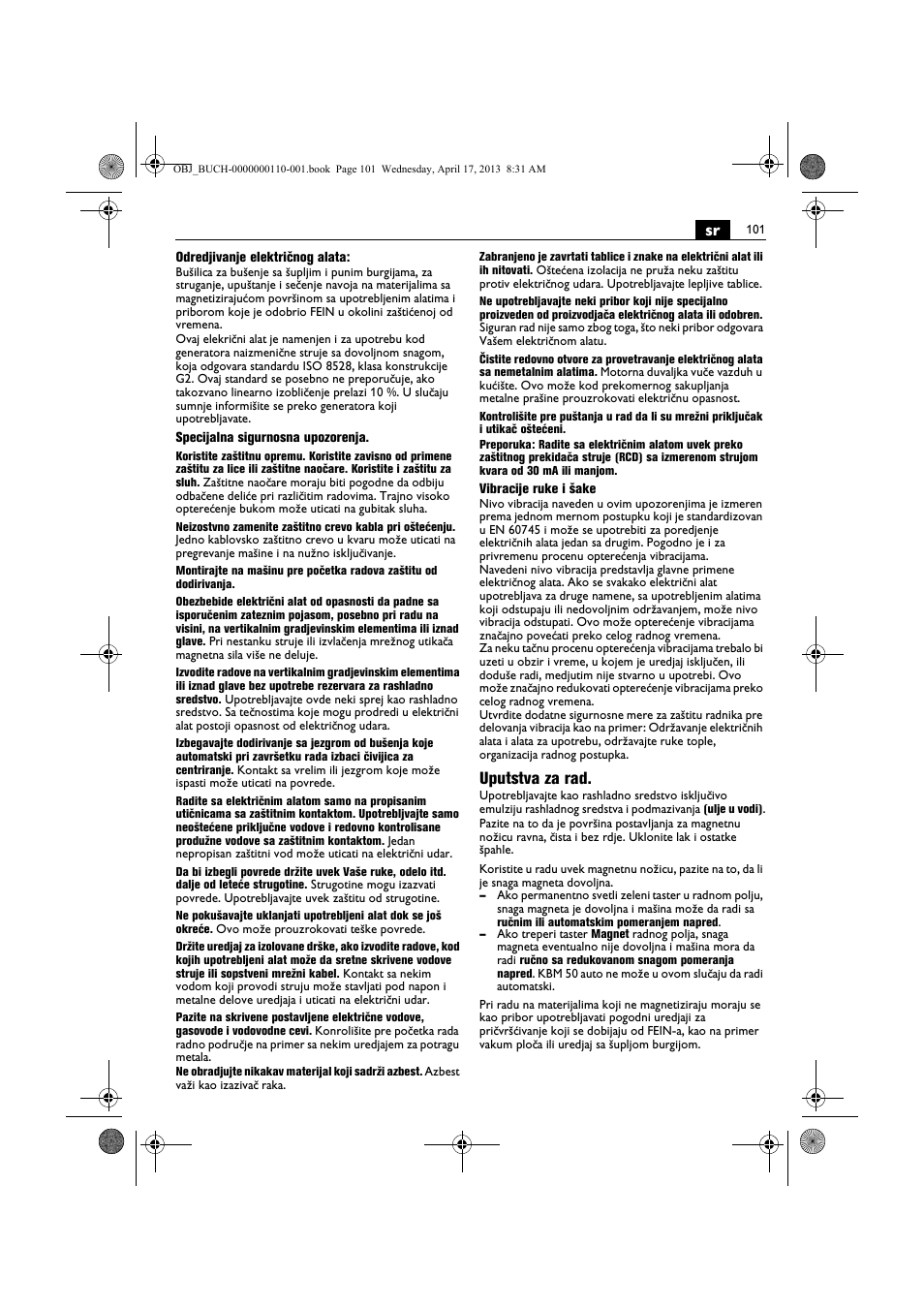 Uputstva za rad | Fein KBM65U User Manual | Page 101 / 162