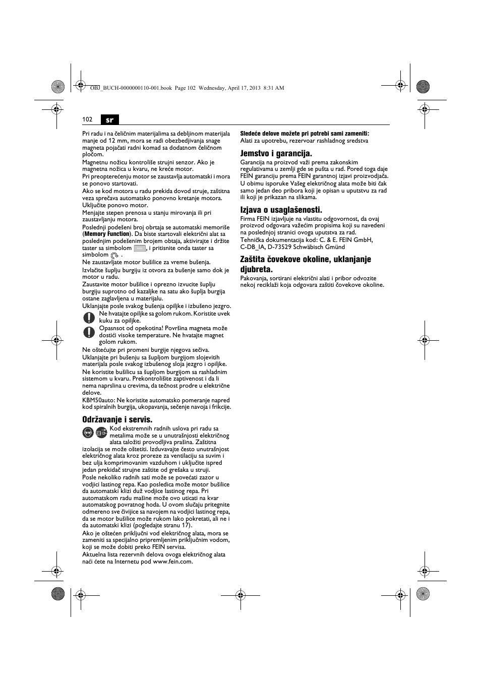 Održavanje i servis, Jemstvo i garancija, Izjava o usaglašenosti | Zaštita čovekove okoline, uklanjanje djubreta | Fein KBM65U User Manual | Page 102 / 162