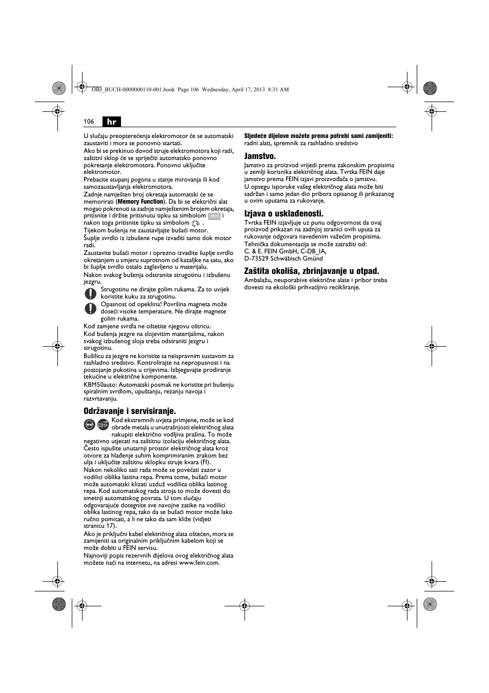 Održavanje i servisiranje, Jamstvo, Izjava o usklađenosti | Zaštita okoliša, zbrinjavanje u otpad | Fein KBM65U User Manual | Page 106 / 162