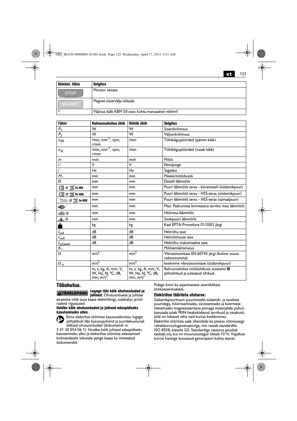 Et tööohutus | Fein KBM65U User Manual | Page 123 / 162