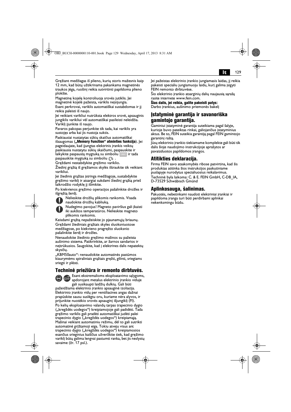 Techninė priežiūra ir remonto dirbtuvės, Atitikties deklaracija, Aplinkosauga, šalinimas | Fein KBM65U User Manual | Page 129 / 162