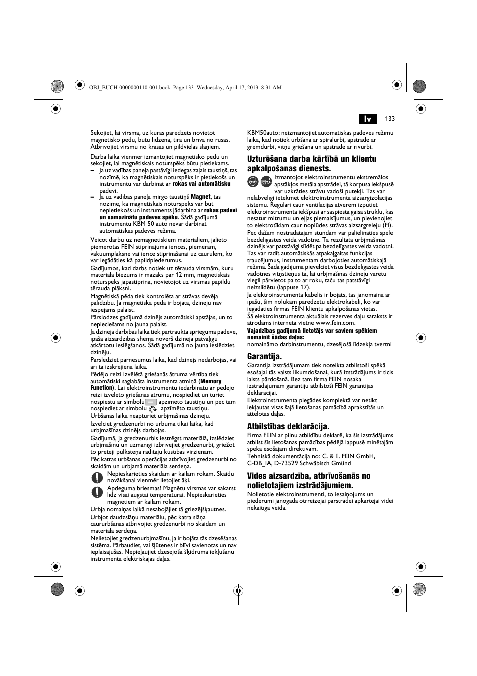 Garantija, Atbilstības deklarācija | Fein KBM65U User Manual | Page 133 / 162