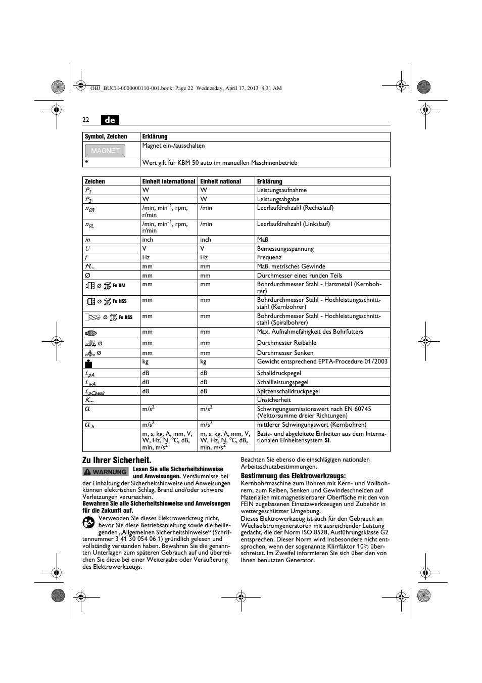 De zu ihrer sicherheit | Fein KBM65U User Manual | Page 22 / 162