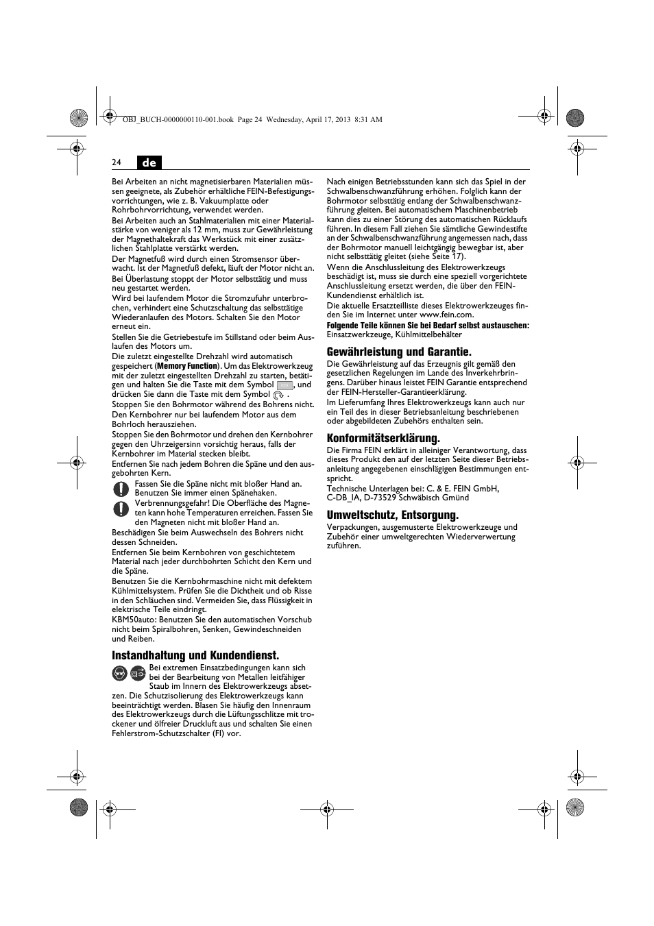 Instandhaltung und kundendienst, Gewährleistung und garantie, Konformitätserklärung | Umweltschutz, entsorgung | Fein KBM65U User Manual | Page 24 / 162