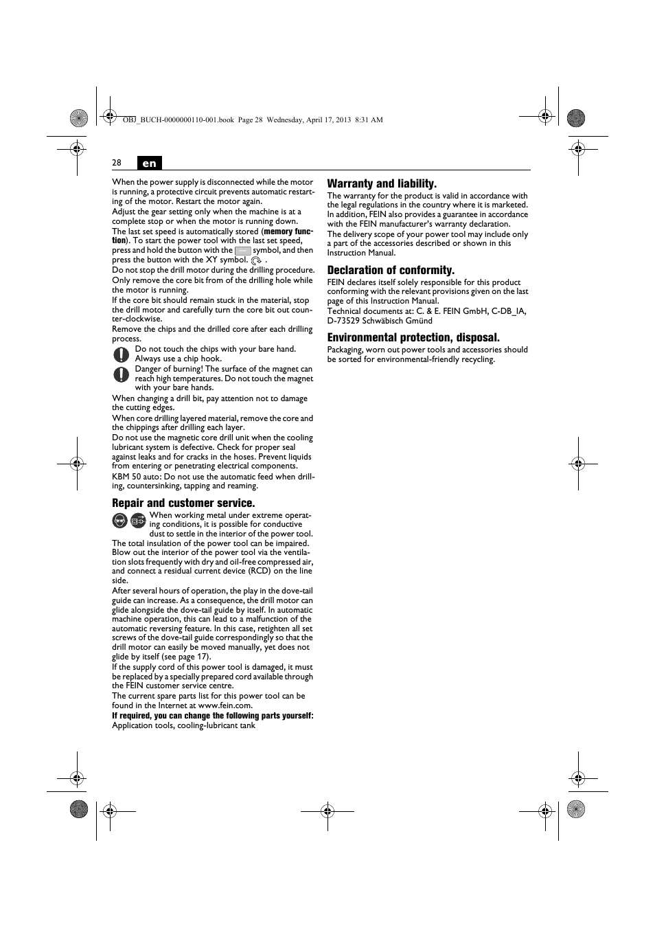 Repair and customer service, Warranty and liability, Declaration of conformity | Environmental protection, disposal | Fein KBM65U User Manual | Page 28 / 162