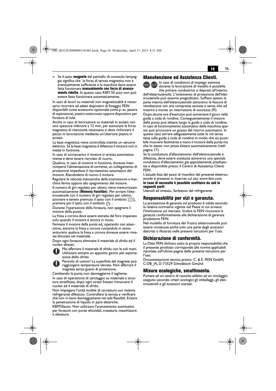 Manutenzione ed assistenza clienti, Responsabilità per vizi e garanzia, Dichiarazione di conformità | Misure ecologiche, smaltimento | Fein KBM65U User Manual | Page 36 / 162