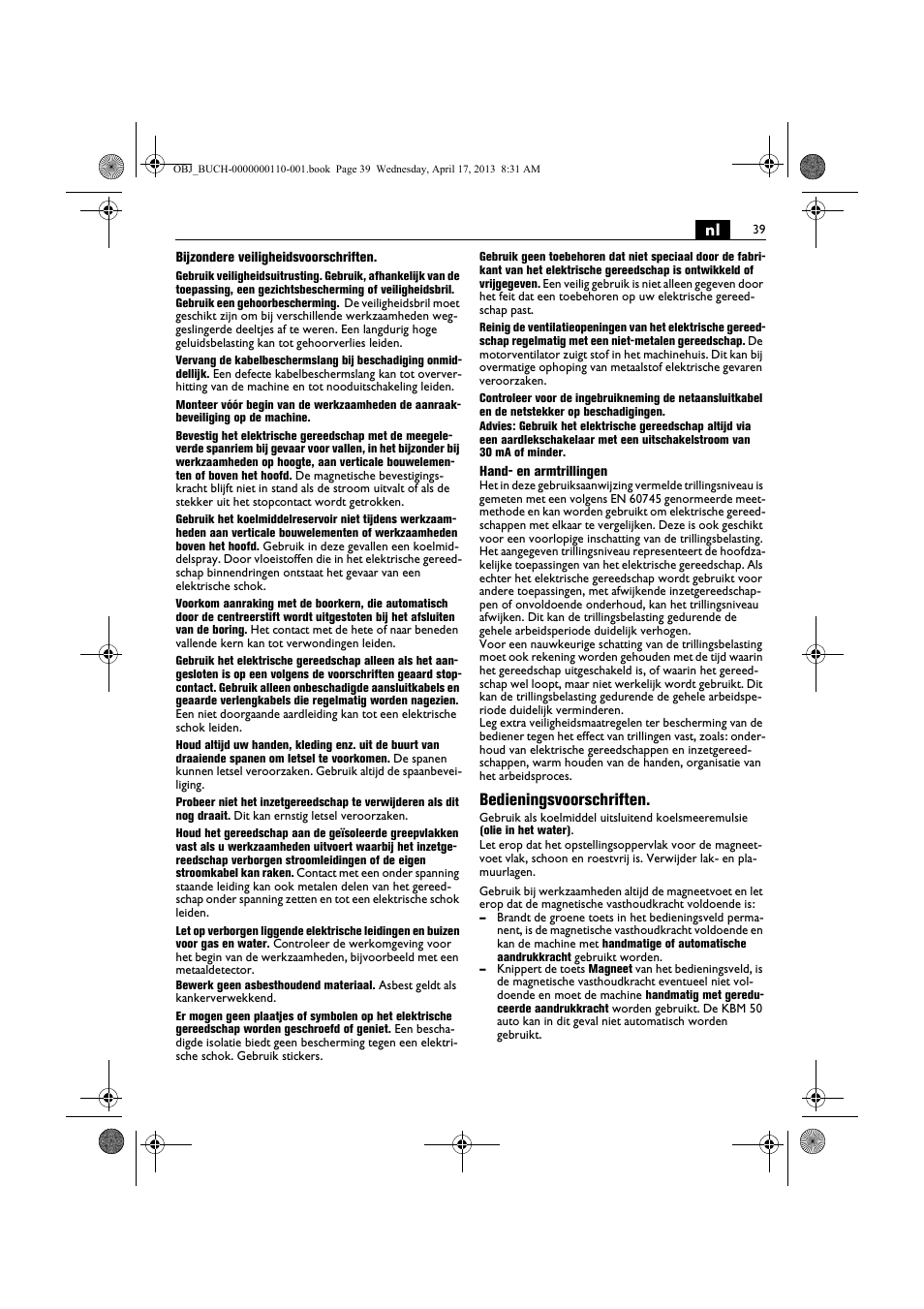 Bedieningsvoorschriften | Fein KBM65U User Manual | Page 39 / 162
