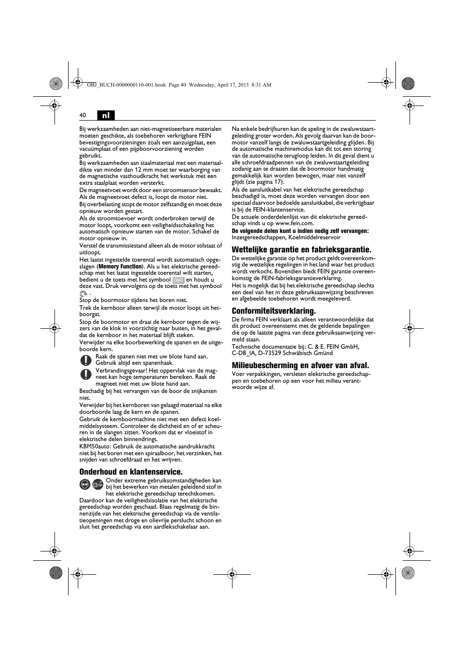 Onderhoud en klantenservice, Wettelijke garantie en fabrieksgarantie, Conformiteitsverklaring | Milieubescherming en afvoer van afval | Fein KBM65U User Manual | Page 40 / 162