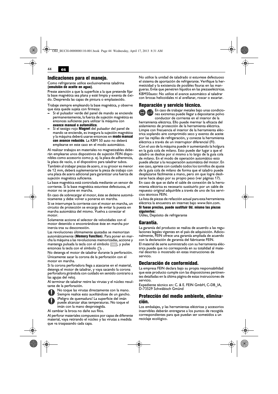 Es indicaciones para el manejo, Reparación y servicio técnico, Garantía | Declaración de conformidad, Protección del medio ambiente, elimina- ción | Fein KBM65U User Manual | Page 44 / 162