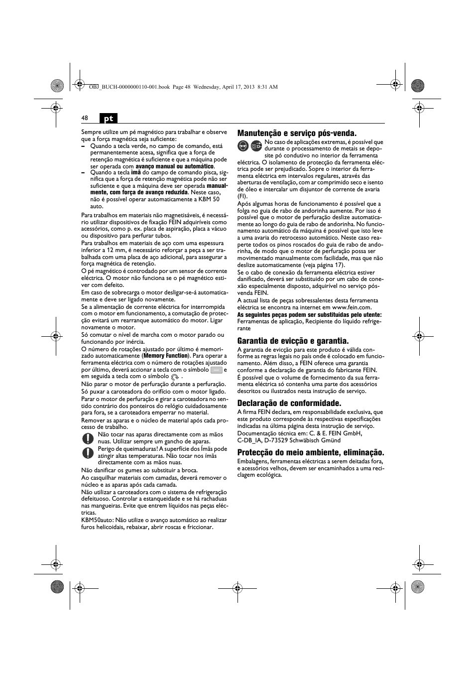 Manutenção e serviço pós-venda, Garantia de evicção e garantia, Declaração de conformidade | Protecção do meio ambiente, eliminação | Fein KBM65U User Manual | Page 48 / 162