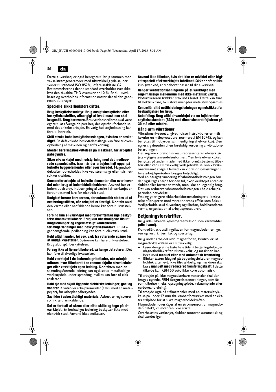 Betjeningsforskrifter | Fein KBM65U User Manual | Page 56 / 162
