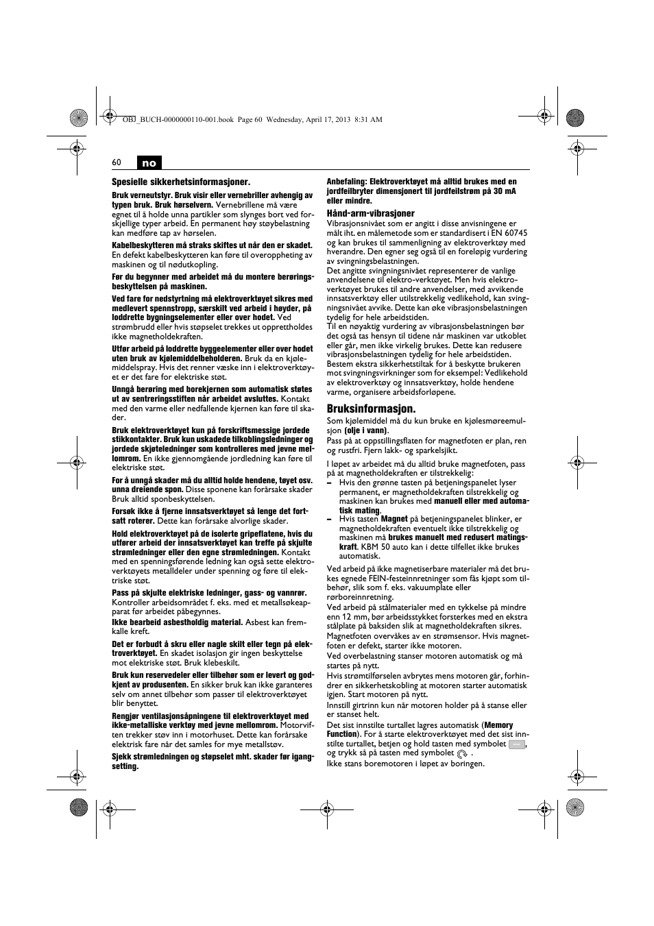Bruksinformasjon | Fein KBM65U User Manual | Page 60 / 162