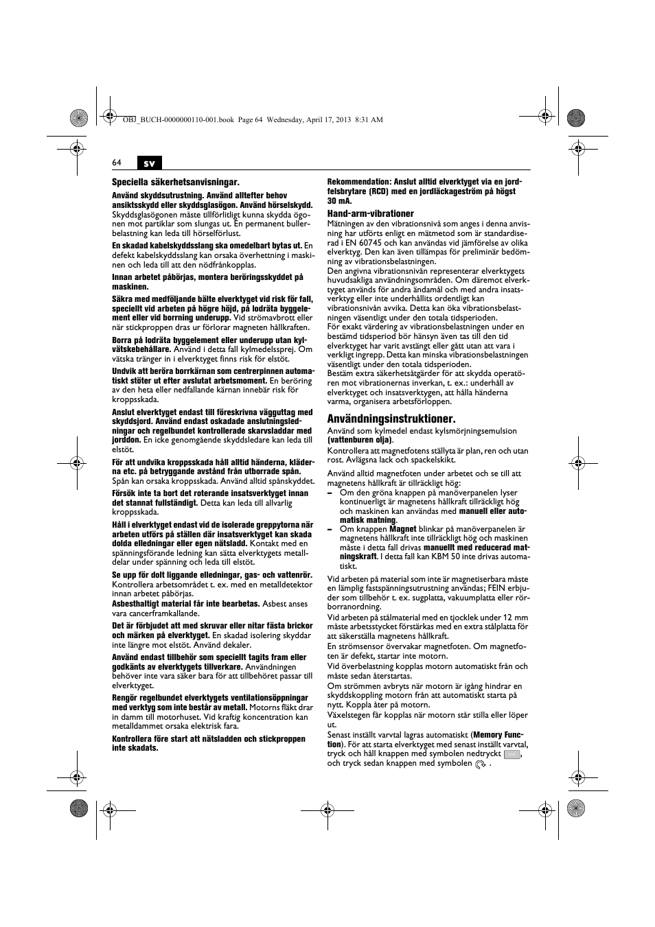 Användningsinstruktioner | Fein KBM65U User Manual | Page 64 / 162